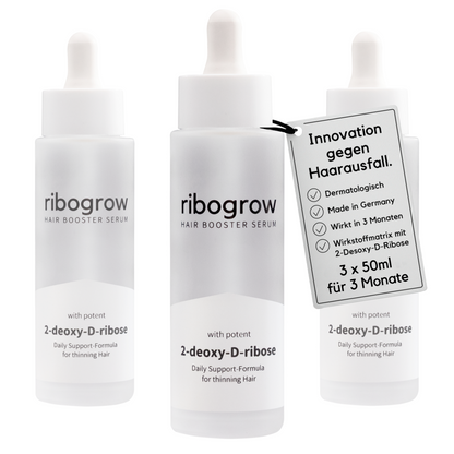 Drei Flaschen des ribogrow Hair Booster Serum mit Wirkstoff 2-deoxy-D-ribose. Rechts hängt ein Etikett mit den Vorteilen des Haarwuchsserums: dermatologisch entwickelt, Made in Germany, sichtbare Wirkung nach 3 Monaten und innovative Wirkstoffmatrix mit 2-Desoxy-D-Ribose. Hinweis: 3 × 50 ml für eine vollständige 3-Monats-Kur gegen Haarausfall.