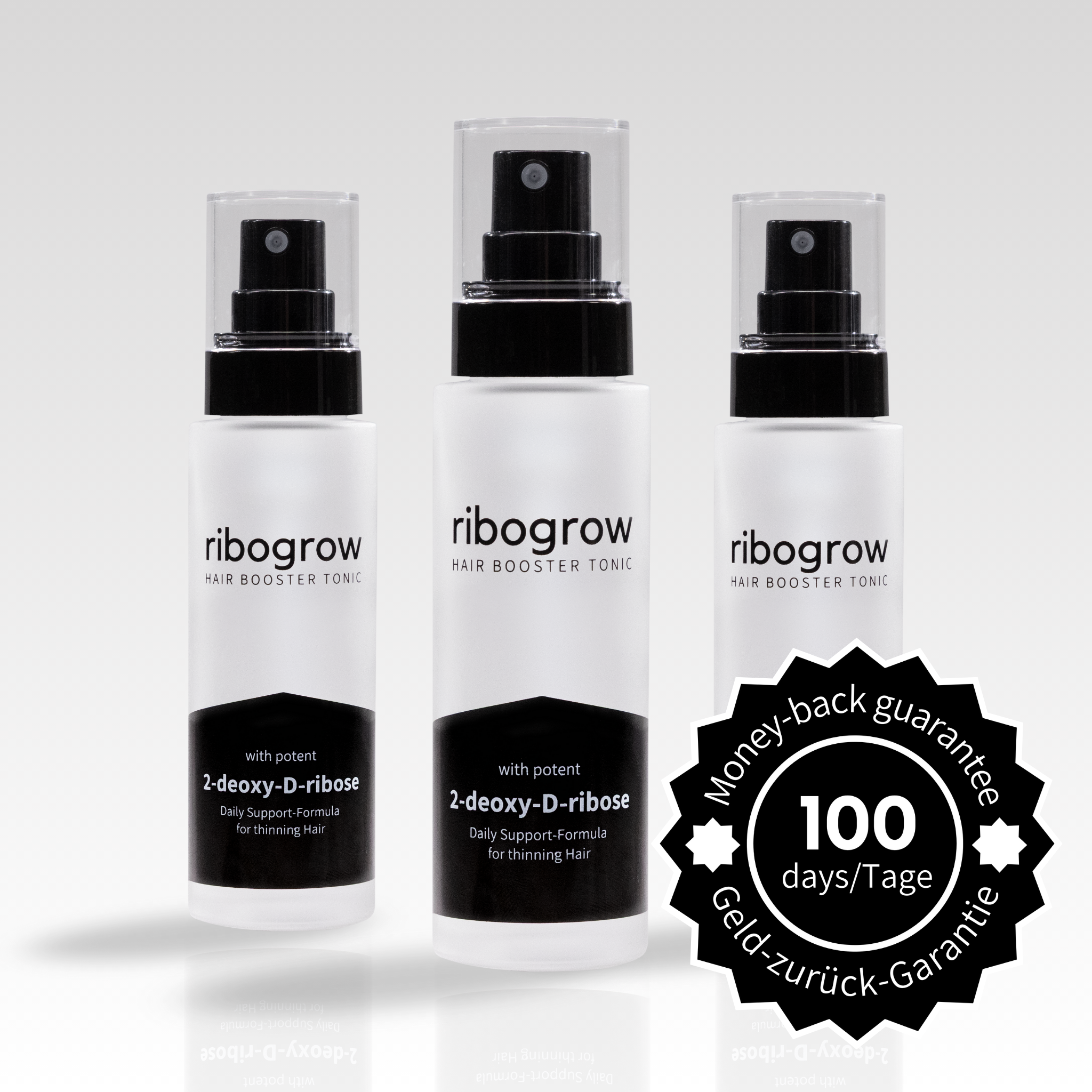 Zeigt den ribogrow Hair Boooster Tonic 3er Pack mit 100 Tagen Geld-zurück-Garantie. Geeignet für die Anwendung in 3 Monaten.
