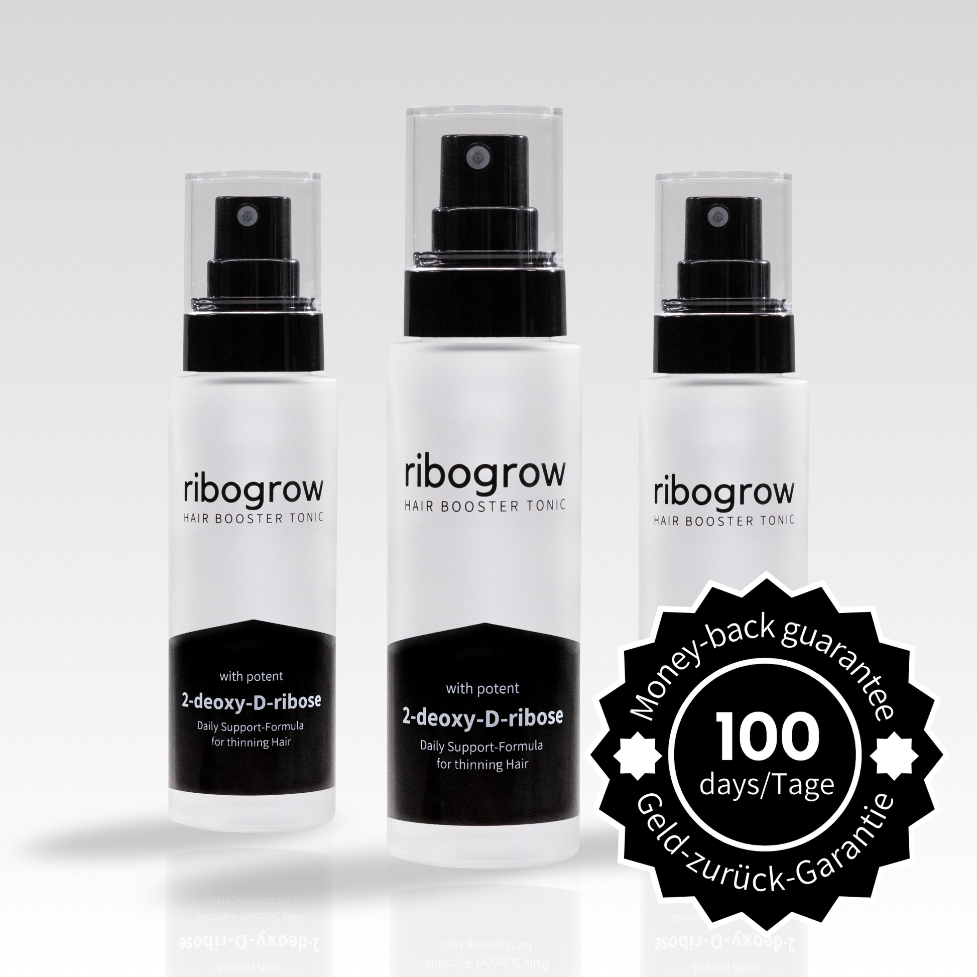 Zeigt den ribogrow Hair Boooster Tonic 3er Pack mit 100 Tagen Geld-zurück-Garantie. Geeignet für die Anwendung in 3 Monaten.