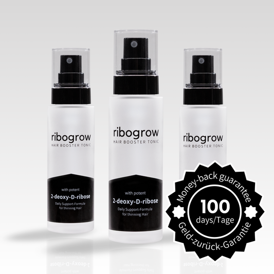 Zeigt den ribogrow Hair Boooster Tonic 3er Pack mit 100 Tagen Geld-zurück-Garantie. Geeignet für die Anwendung in 3 Monaten.