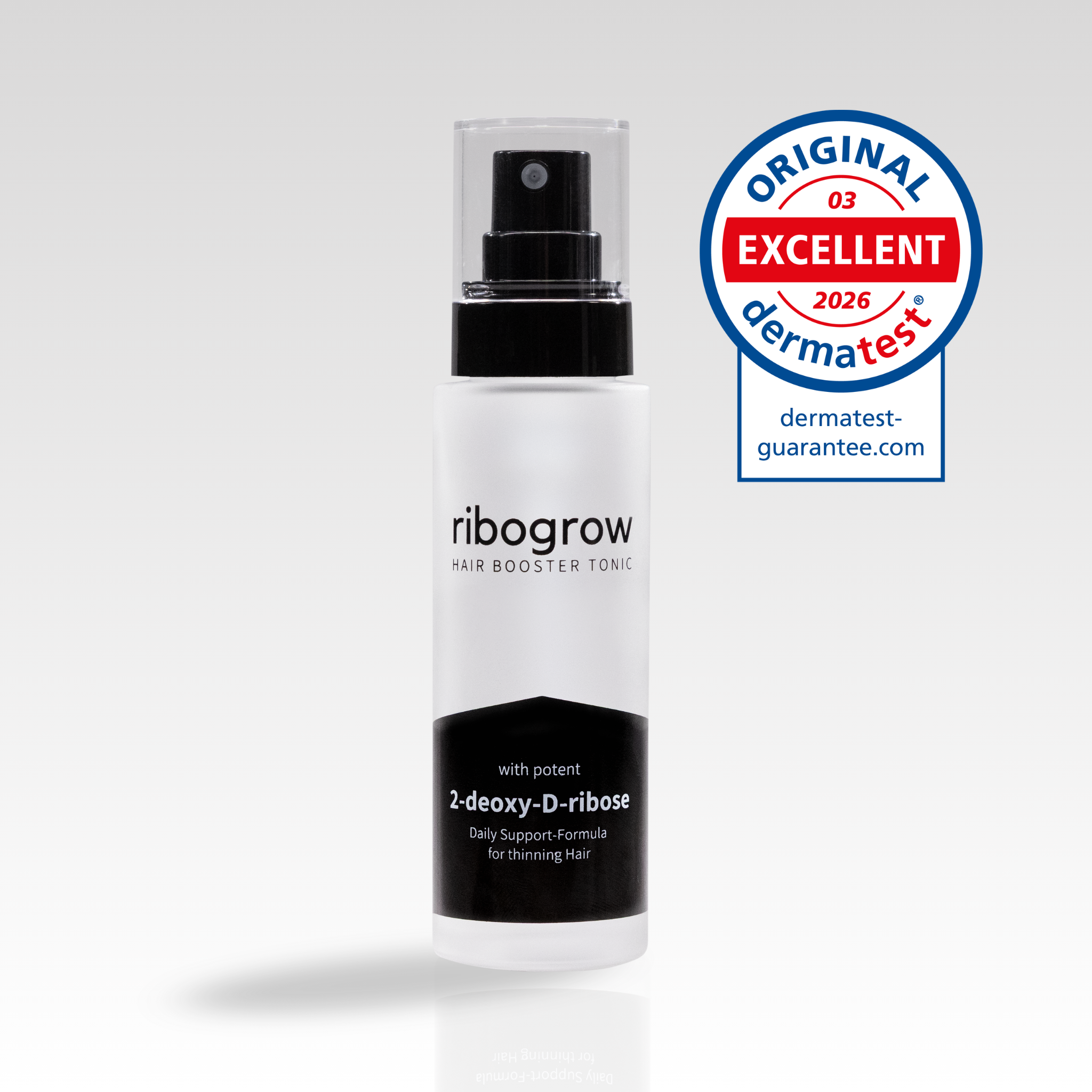 Zeigt den ribogrow Hair Booster Tonic 1er Pack, geeignet für 1 Monat Anwendung mit Dermatest Siegel