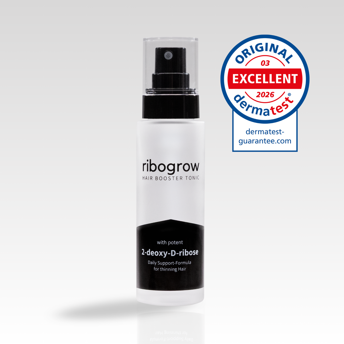 Zeigt den ribogrow Hair Booster Tonic 1er Pack, geeignet für 1 Monat Anwendung mit Dermatest Siegel