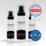 Zeigt den ribogrow Hair Booster Tonic 3er Pack, geeignet für 3 Monate Anwendung mit 100 Tage Geld-zurück-Garntie-Siegel und Dermatest Logo