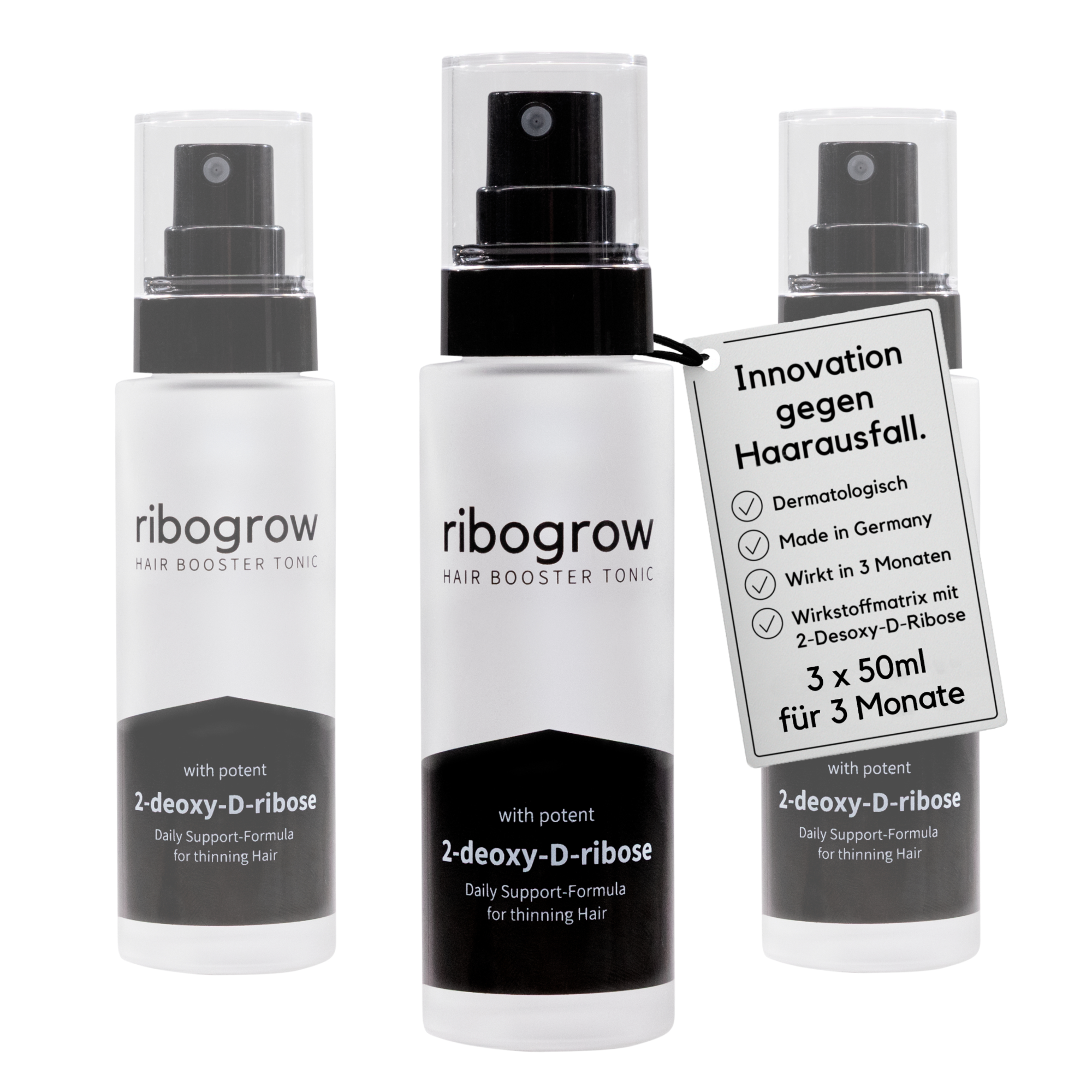 Drei Flaschen des ribogrow Hair Booster Tonic mit Wirkstoff 2-deoxy-D-ribose. Rechts hängt ein Etikett mit den Vorteilen des Haarwuchsserums: dermatologisch entwickelt, Made in Germany, sichtbare Wirkung nach 3 Monaten und innovative Wirkstoffmatrix mit 2-Desoxy-D-Ribose. Hinweis: 3 × 50 ml für eine vollständige 3-Monats-Kur gegen Haarausfall.