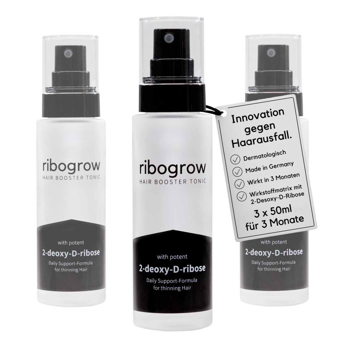 Drei Flaschen des ribogrow Hair Booster Tonic mit Wirkstoff 2-deoxy-D-ribose. Rechts hängt ein Etikett mit den Vorteilen des Haarwuchsserums: dermatologisch entwickelt, Made in Germany, sichtbare Wirkung nach 3 Monaten und innovative Wirkstoffmatrix mit 2-Desoxy-D-Ribose. Hinweis: 3 × 50 ml für eine vollständige 3-Monats-Kur gegen Haarausfall.