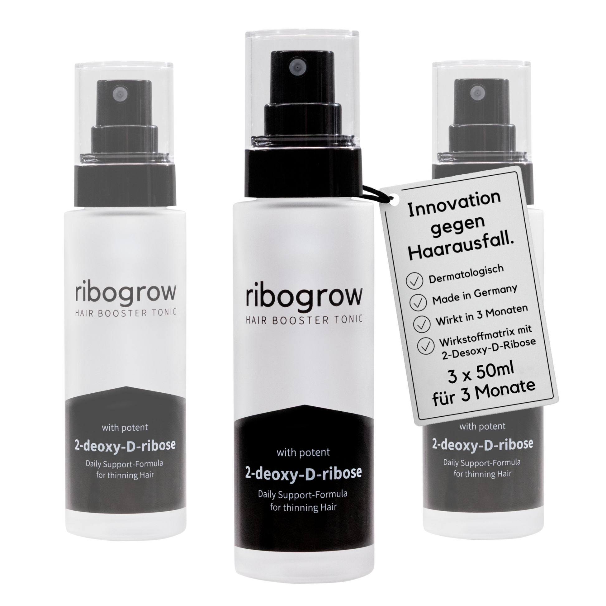 Drei Flaschen des ribogrow Hair Booster Tonic mit Wirkstoff 2-deoxy-D-ribose. Rechts hängt ein Etikett mit den Vorteilen des Haarwuchsserums: dermatologisch entwickelt, Made in Germany, sichtbare Wirkung nach 3 Monaten und innovative Wirkstoffmatrix mit 2-Desoxy-D-Ribose. Hinweis: 3 × 50 ml für eine vollständige 3-Monats-Kur gegen Haarausfall.