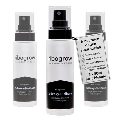 Drei Flaschen des ribogrow Hair Booster Tonic mit Wirkstoff 2-deoxy-D-ribose. Rechts hängt ein Etikett mit den Vorteilen des Haarwuchsserums: dermatologisch entwickelt, Made in Germany, sichtbare Wirkung nach 3 Monaten und innovative Wirkstoffmatrix mit 2-Desoxy-D-Ribose. Hinweis: 3 × 50 ml für eine vollständige 3-Monats-Kur gegen Haarausfall.