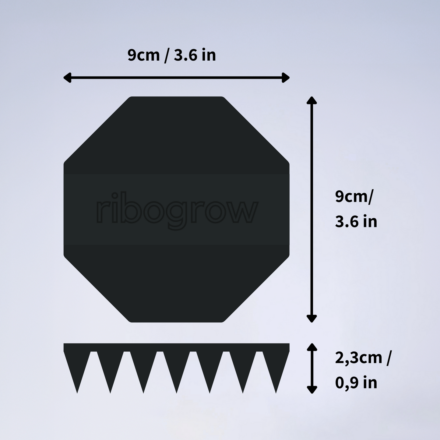 Showing the measures of the ribogrow silicone scalp brush. Designed to be practical. A scalp brush to boost blood circulation with which you can travel light. It's ergonomic design enables the user to use it in the most convenient way.