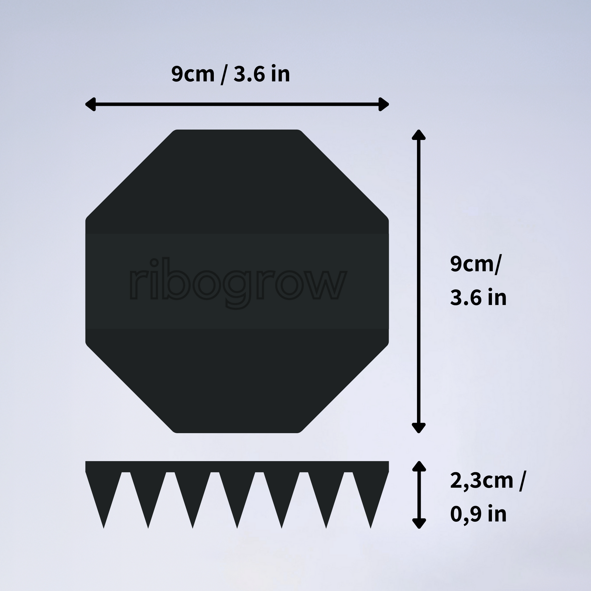 Showing the measures of the ribogrow silicone scalp brush. Designed to be practical. A scalp brush to boost blood circulation with which you can travel light. It's ergonomic design enables the user to use it in the most convenient way.