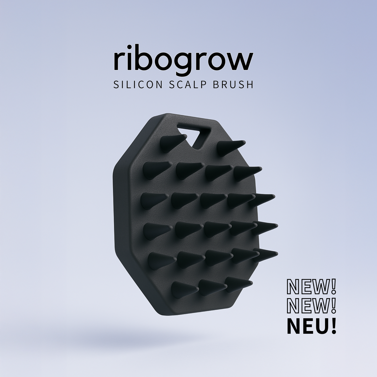 Showing the ribogrow silicone scalp brush back side. A scalp massager and a sleek, ergonomic hair tool designed to boost blood circulation, exfoliate the scalp, and promote healthy hair growth. Perfect for daily use in the shower or with the ribogrow Hair Booster Serum.