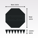 Shows the ribogrow silicon scalp brush and it's measures in cm and inch