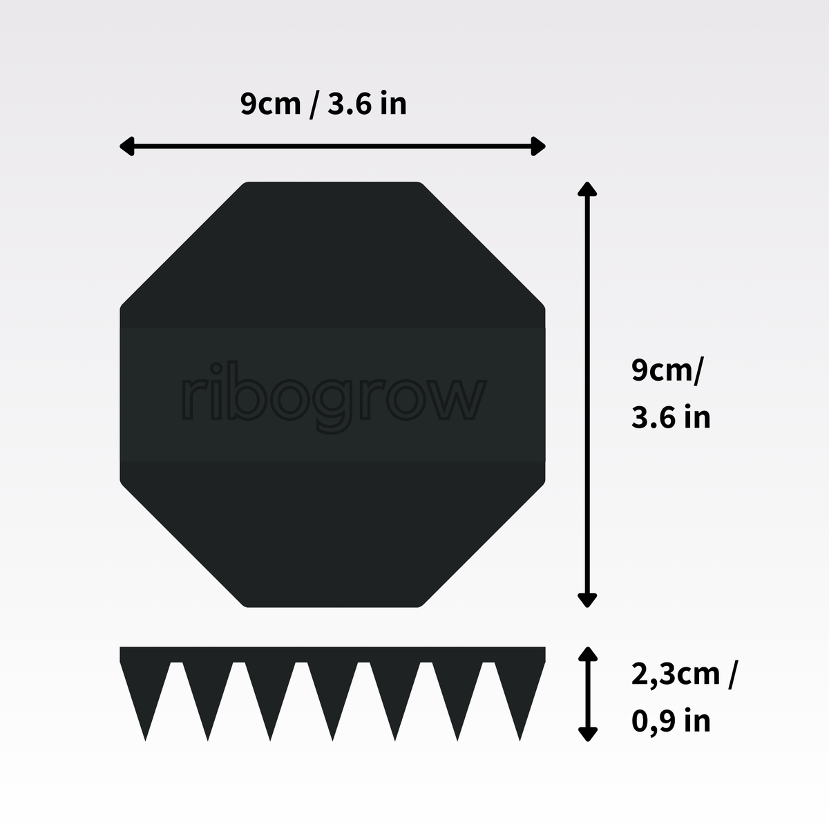 Shows the ribogrow silicon scalp brush and it's measures in cm and inch