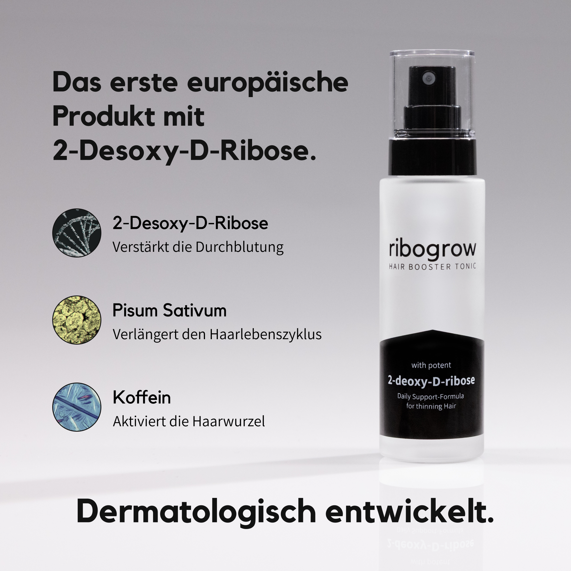 ribogrow Hair Booster Tonic mit innovativer Wirkstoffformel: erstes europäisches Haarwuchsmittel mit 2-Desoxy-D-Ribose zur verbesserten Durchblutung der Kopfhaut. Daneben die weiteren Wirkstoffe: Pisum Sativum zur Verlängerung des Haarzyklus und Koffein zur Aktivierung der Haarwurzel. Unten der Hinweis ‚Dermatologisch entwickelt‘.
